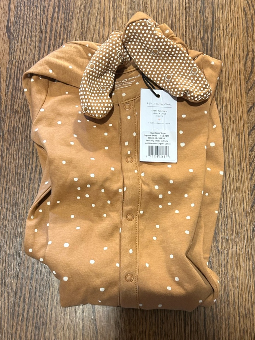 BNWT Colored Organics Footie 18-24M Tan Polka Dot Organic Cotton Neutral Baby